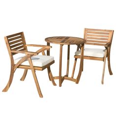 two wooden chairs and a table with white cushions