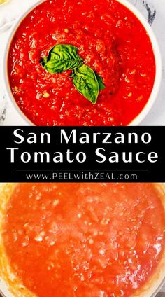 a bowl of tomato sauce with basil leaves on top and the words san maraano tomato sauce above it