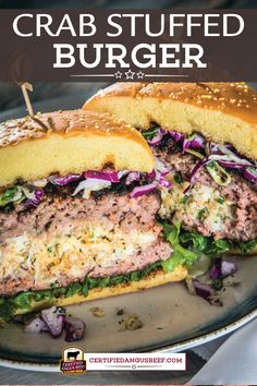 a close up of a sandwich on a plate with the words crab stuffed burger above it