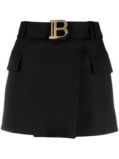 Shop Balmain B-logo wrap skirt with Express Delivery - FARFETCH Burberry Skirt, Balmain Clothing, Fabric Skirt, Italian Fashion Brands, Skirt Belt, Wool Skirt, Looks Chic, Black Mini Skirt, Body Con Skirt