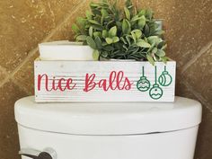 a wooden sign that says nice balls on it next to a toilet with a potted plant