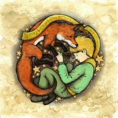 a drawing of two people hugging each other in front of a fox and moon design