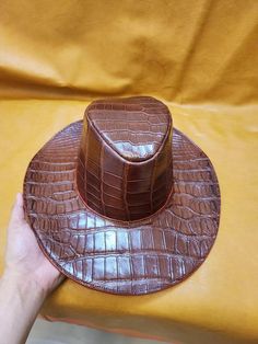 leather cap, brown Embossed Leather Crocodile Hat, Print crocodile leather hat, Cowboy leather hat, print crocodile leather Hat, leather hat *return policy* We do not compromise on quality and comfort. Return and Refund Policy: This item includes a 100% Money Back Guarantee! If you are not completely satisfied with your purchase for any reason, you received damaged, faulty product or you did not receive the size that you originally ordered, just send it back to our return address and we will iss Crocodile Hat, Leather Hat, Hat Print, Custom Jacket, Leather Hats, Leather Cap, Crocodile Leather, Return Address, Embossed Leather