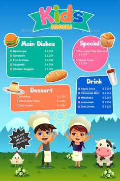 kids menu with cartoon characters and food items