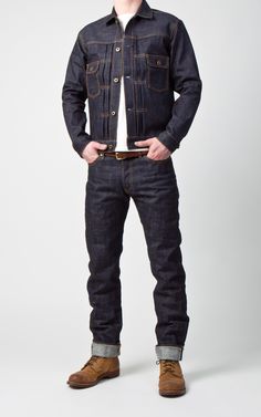 Japan Blue JK1012 Type 2 Selvedge Denim Jacket 16.5oz Men’s Denim Jacket Style, Rugged Denim Outerwear For Outdoor, Rugged Fitted Denim Jeans, Rugged Standard Cut Denim Jeans, Men’s Black Denim Outfit, Raw Denim Jacket, Outfit Botas