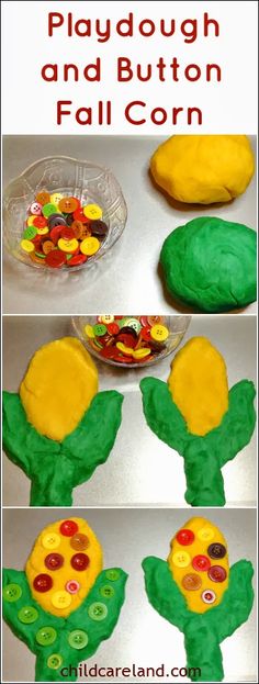 playdough and button fall corn with the help of an adult to make it