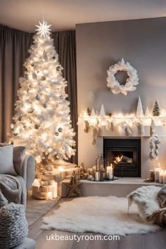 a living room decorated for christmas with a white tree and lit candles in front of the fireplace