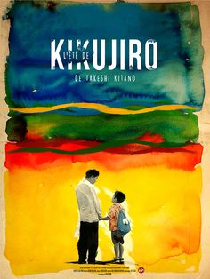 a man and woman standing next to each other in front of a colorful background with the words kikijuro written on it