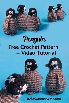 three crocheted penguins sitting next to each other with the text penguin free crochet pattern