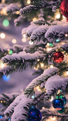 a christmas tree with ornaments hanging from it's branches in front of snow covered trees