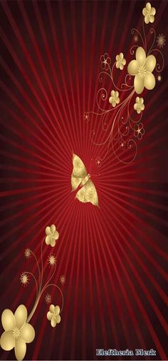 an abstract background with flowers and butterflies in gold on a dark red background stock illustration