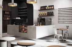 the interior of a coffee shop with tables, chairs and shelves filled with coffee items