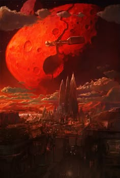 an image of a sci - fi city with red moon in the sky above it