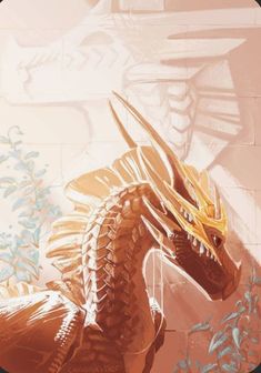 a drawing of a dragon in front of a brick wall