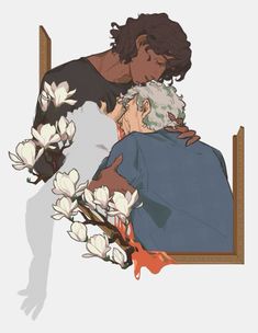 an image of two people hugging each other in front of a mirror with flowers on it