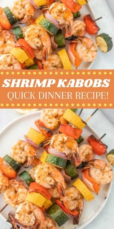 shrimp kabobs on a white plate with text overlay