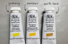 three tubes of yellow and white paint labeled with names