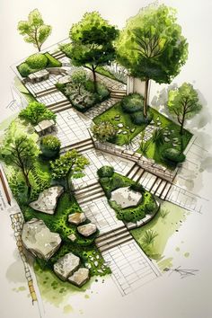 an artistic drawing of a garden with trees and stepping stones in the ground, surrounded by grass