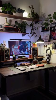 a desk with a monitor, speakers and plants on it in front of a wall