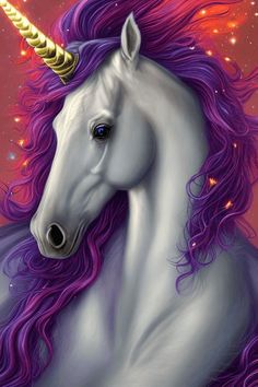 a painting of a white unicorn with purple hair