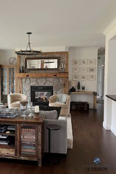 a living room filled with furniture and a fire place in the middle of a room