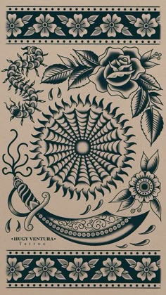 an old fashioned tattoo design with flowers and leaves