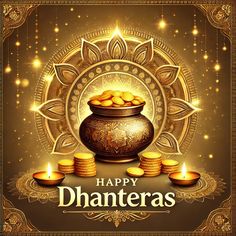 happy dhanteras greeting card with gold coins in a pot and candles on the side