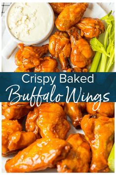 crispy baked buffalo wings on a plate with celery and ranch dressing in the background