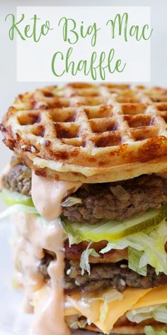 a close up of a waffle sandwich with cheese and lettuce on it