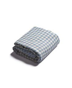 the blue and white checkered blanket is folded up