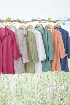 There’s big news here: Our easy-care big shirt features luscious colors washed into gentle hues, Im to wear alone or as a breezy layer. Enjoy the unique softness of pure linen – plus, we've also finessed the fullness to trim the silhouette ever so gently. | Women's Easy Care Linen Shirt - Clearwater - 1X - Plus Size Over 70 Womens Fashion, Cotton Tunic Tops, Pink Charm, Big Shirt, Knit Denim, Big News, Striped Long Sleeve Shirt, Knitted Coat, Loose Shirts