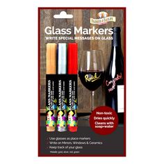 a package of glass markers and wine glasses