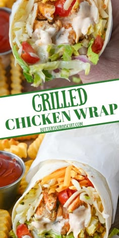 a chicken wrap with lettuce, tomatoes and cheese