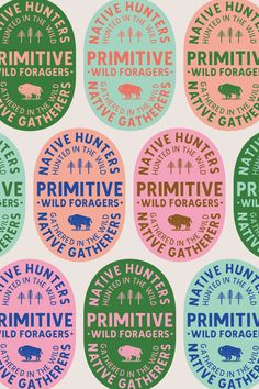 six circular badges with different types of animals and slogans on them, all in various colors