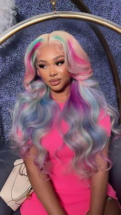 Long Wave Blonde To Gray Purple Pink Wigs Synthetic Heat Wig Lace Front Costume Hair Colorful, Cotton Candy Hair, Cute Hair Colors, Rainbow Hair Color, Candy Hair