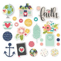 a bunch of stickers that are on top of a white surface with the words faith