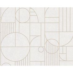 a white and beige geometric wallpaper with lines, circles, and shapes on it