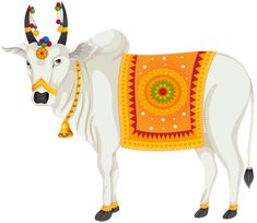 a white cow with colorful decorations and bells on it's head, standing in front of a white background