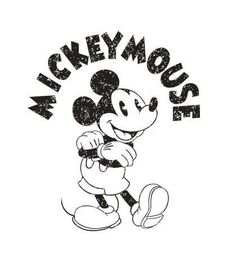 the mickey mouse logo is shown in black and white, with an old - fashioned font