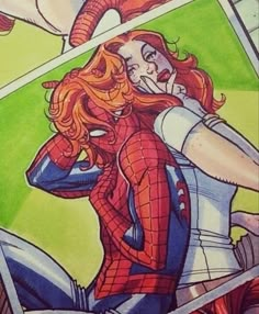 a drawing of a woman with red hair and spider - man suit on her back