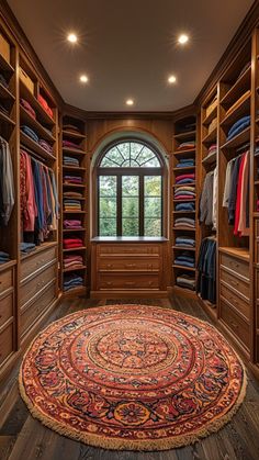 a walk in closet filled with lots of clothes and rugs next to a window