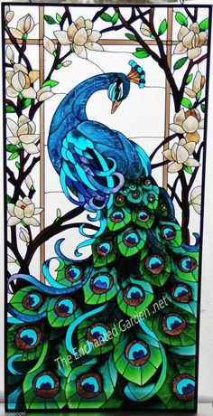 a stained glass painting of a peacock on a tree branch with flowers in the background