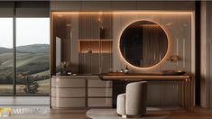 a bathroom with a vanity, mirror and stool in front of a sliding glass door