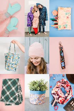 a collage of photos with various items and accessories on the top one is pink