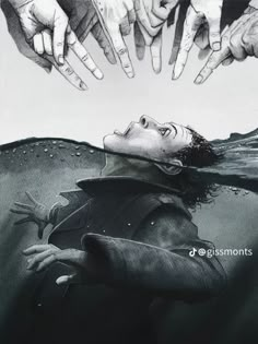 two hands reaching out to touch a man's head in the middle of water