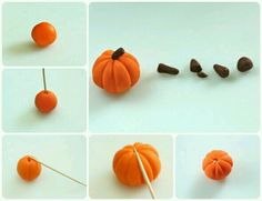 there are several pictures of pumpkins made out of felt and wood sticks, including one with a stick sticking out of it