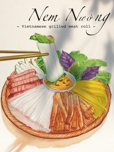 an advertisement for vietnamese grilled meat roll with chopsticks and vegetables in a basket