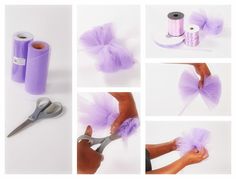 various pictures of purple tulle being used to decorate items with scissors and yarns