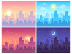 four different cityscapes with the sun setting in the sky and buildings silhouetted against them