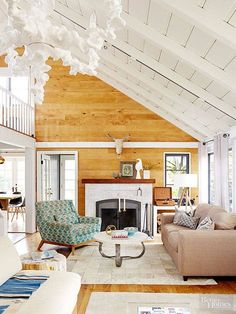 a living room filled with furniture and a fire place in the middle of a room